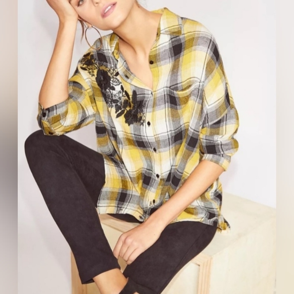 Anthropologie Maeve Embroidered Plaid Buttondown Oversized Tunic Shirt Size XS/S - Picture 2 of 13